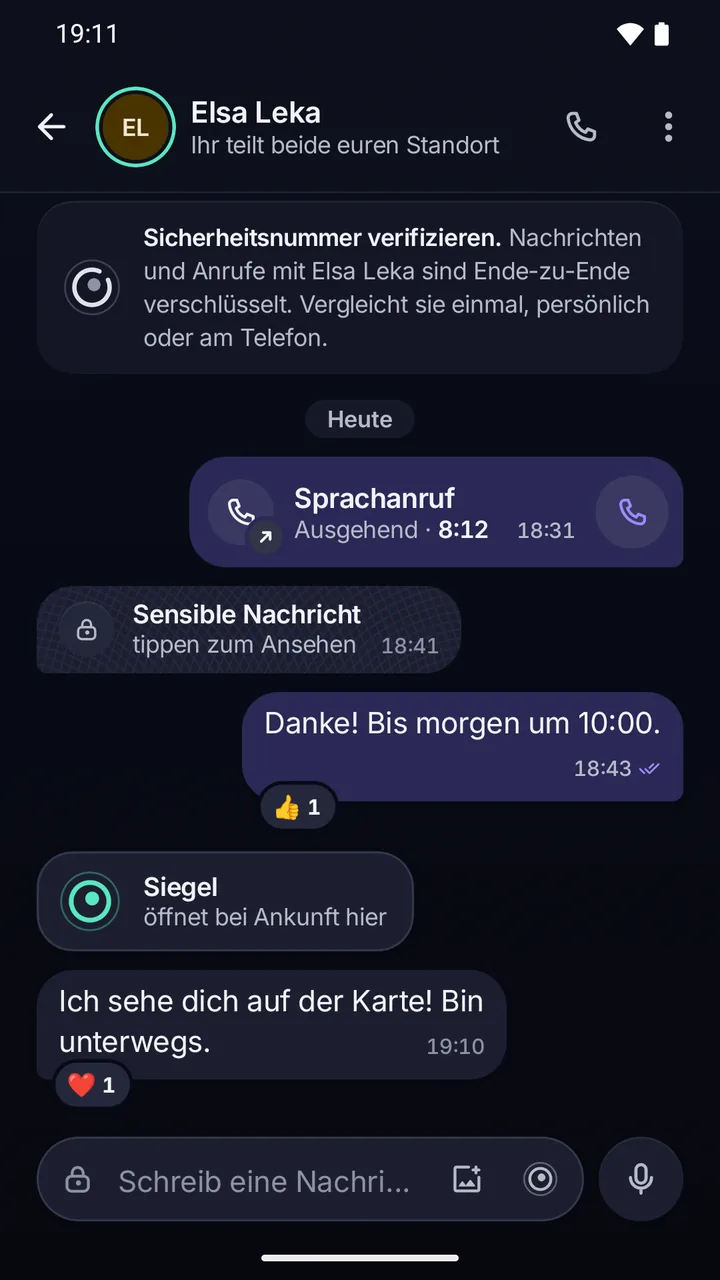 Chat mit Elsa Leka: oben der Hinweis, dass Nachrichten und Anrufe Ende-zu-Ende-verschlüsselt sind; darunter ein Sprachanruf, eine verdeckte sensible Nachricht und eine versiegelte Nachricht.