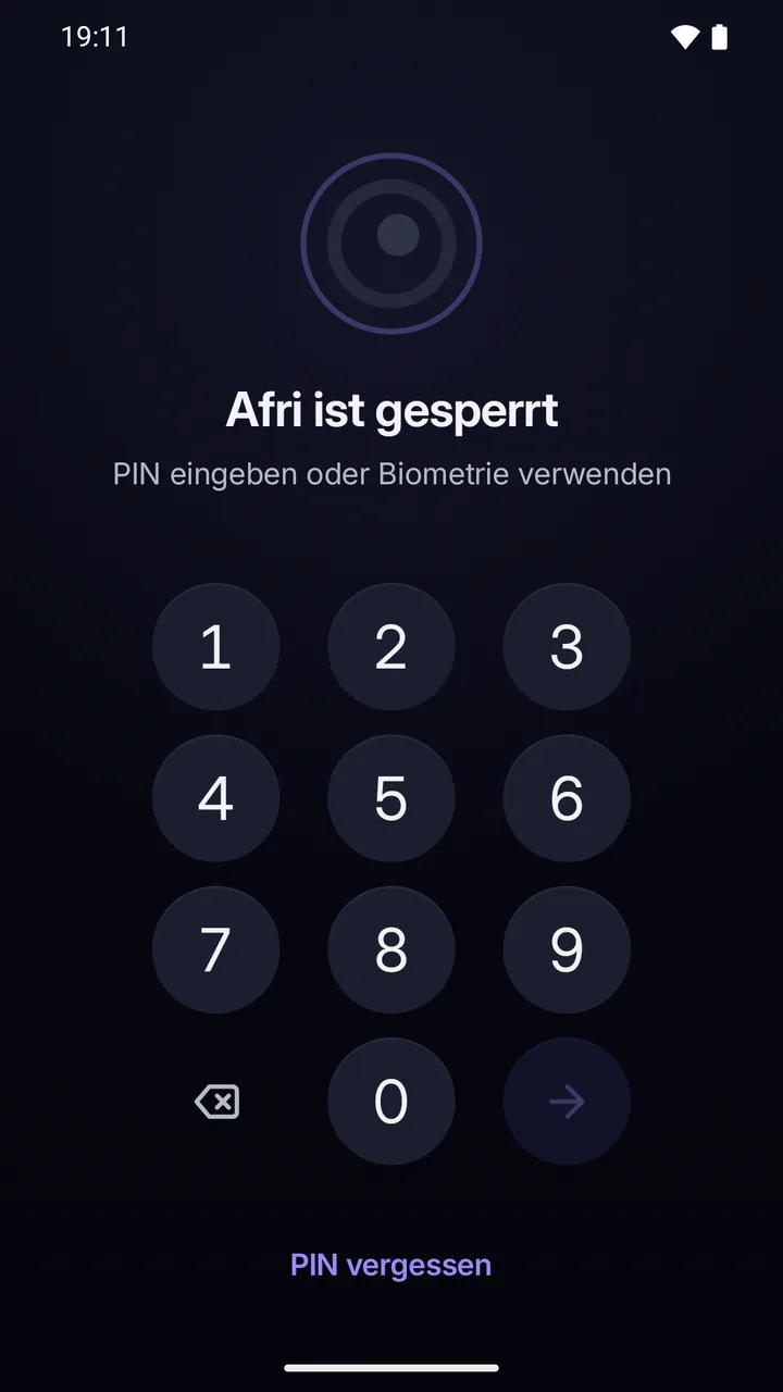 Sperrbildschirm: „Afri ist gesperrt“, das PIN-Feld und „PIN vergessen“.