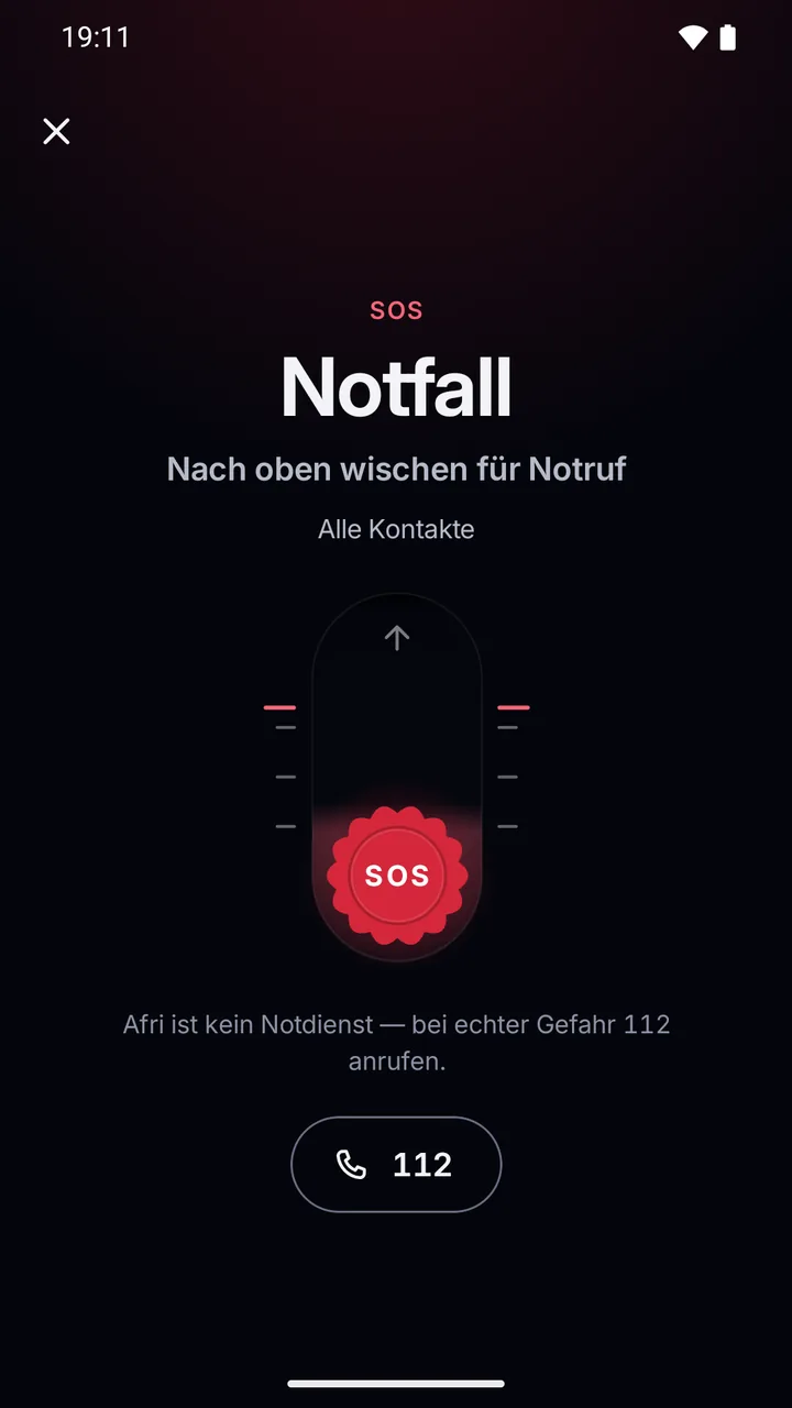 SOS-Bildschirm: „Notruf, nach oben wischen“ für alle Kontakte, der Hinweis, dass Afri kein Notrufdienst ist, und die Taste 112.