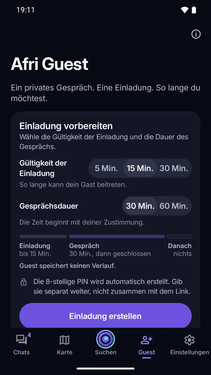 Afri Guest: Vorbereitung des Zutritts mit Gültigkeit der Einladung, Gesprächsdauer, 8-stelliger PIN und der Schaltfläche Einladung erstellen.