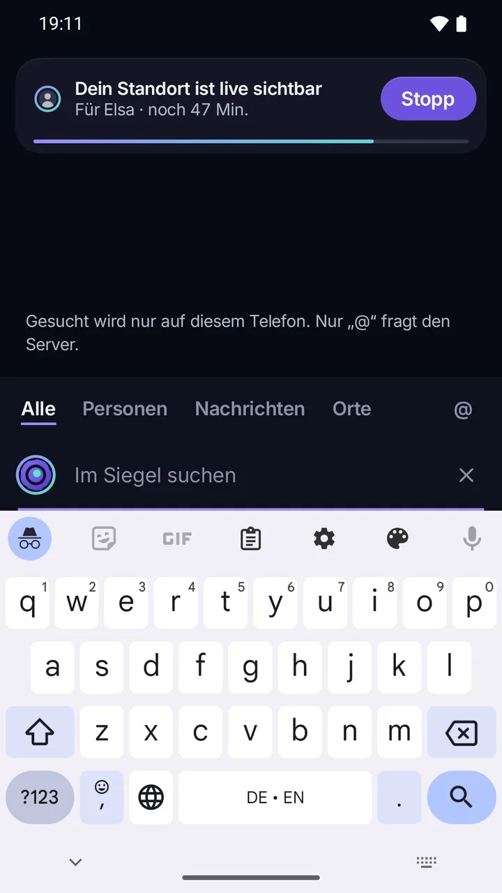 Suche im Siegel: Gesucht wird nur auf diesem Telefon, nur „@“ fragt den Server.
