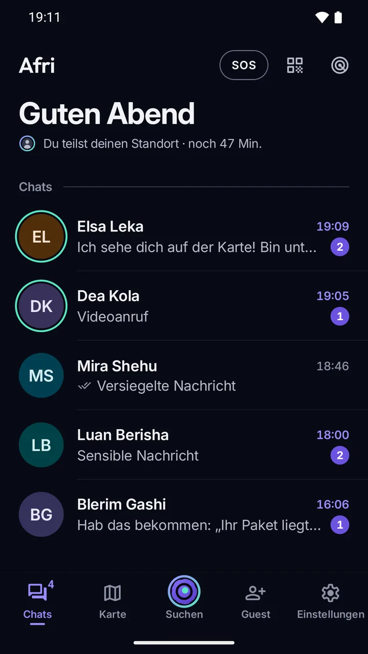 Chatliste: Die Vorschauen zeigen „Sensible Nachricht“ und „Versiegelte Nachricht“ statt des Textes.