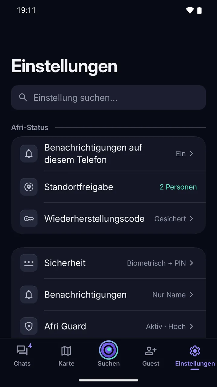 Einstellungen: Afris Status (Benachrichtigungen, Standortfreigabe, Wiederherstellungscode) und die Bereiche Sicherheit, Benachrichtigungen und Afri Guard.
