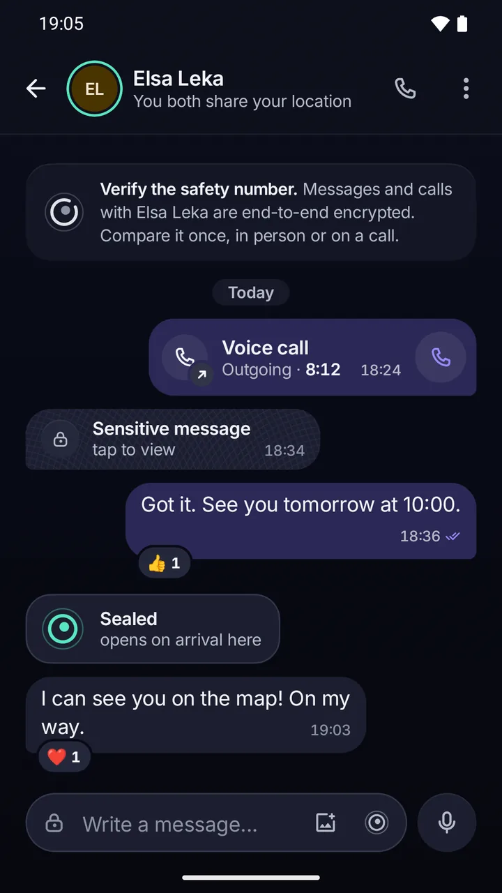 Chat with Elsa Leka: at the top, the note that messages and calls are end-to-end encrypted; below, a voice call, a covered sensitive message and a sealed message.
