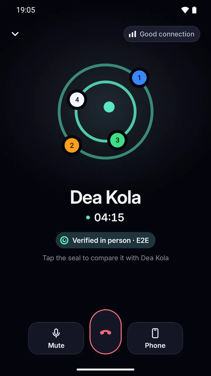 Voice call with Dea Kola: the seal with four planets, “Verified in person · E2E” and “Good connection”.