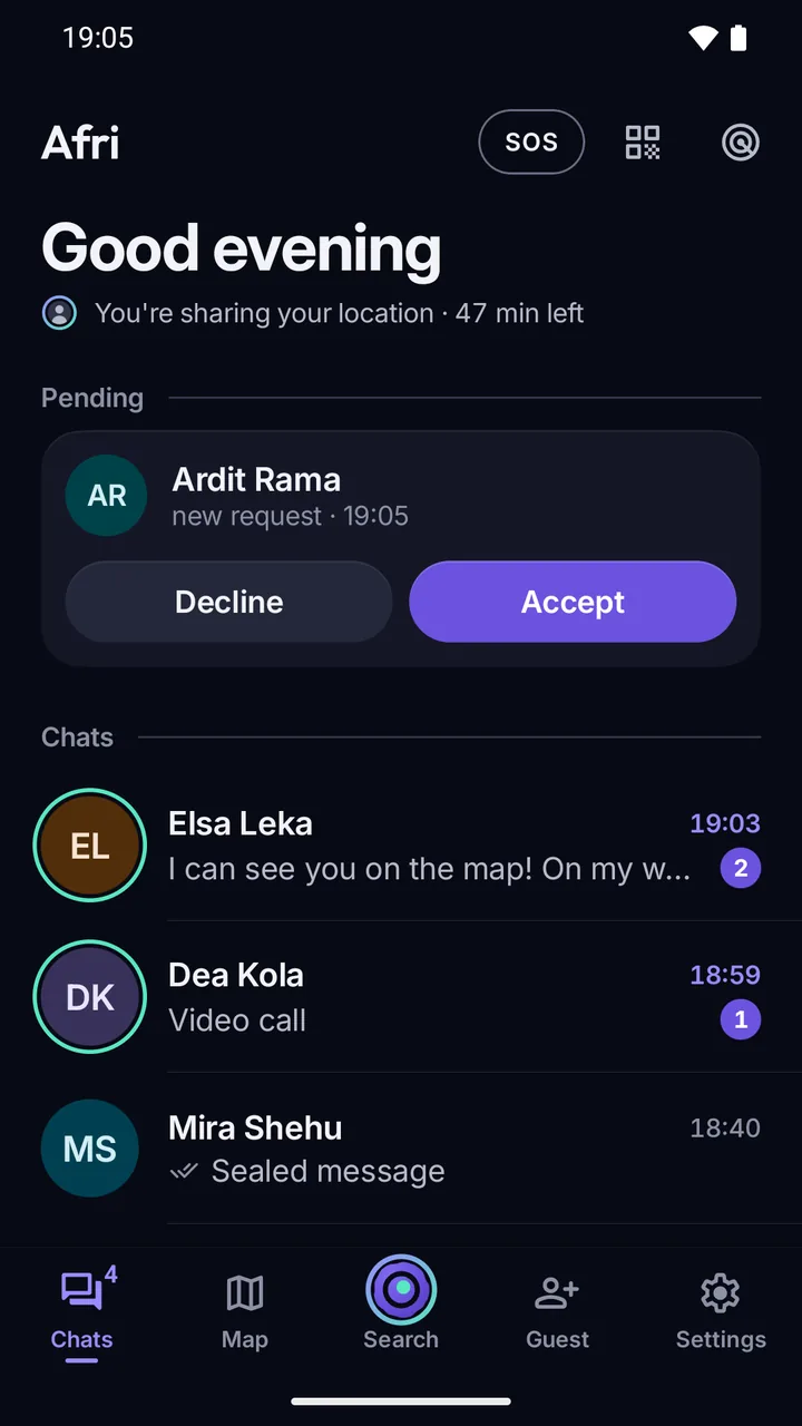 Afri home: a new pending request with Decline and Accept, and chats previewed as “Sealed message” and “Video call”.