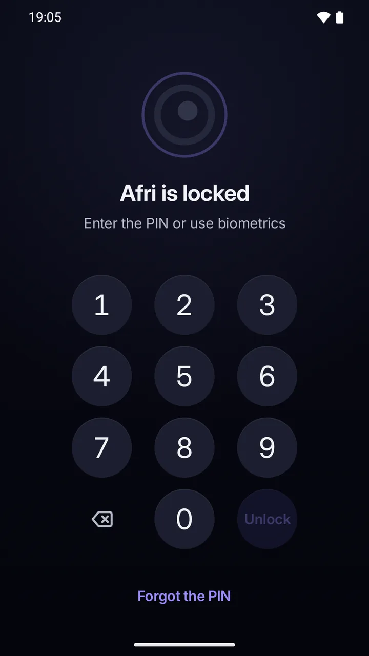 Lock screen: “Afri is locked”, the PIN pad and “Forgot the PIN”.