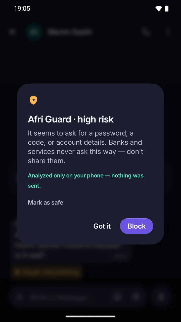 Afri Guard high-risk warning: the message asks for a password, code or account details; analysed only on the phone; Got it and Block buttons.
