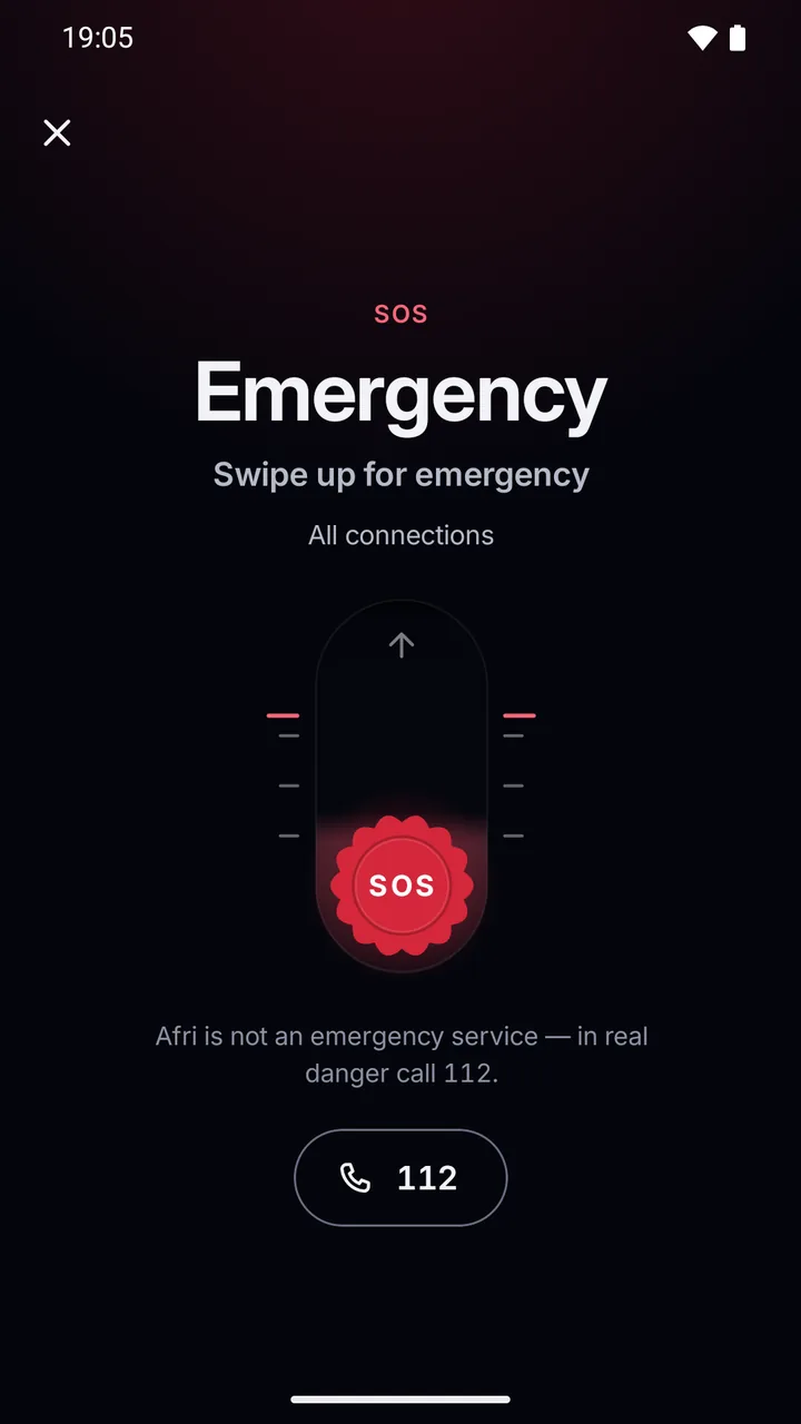 SOS screen: “Emergency, swipe up for emergency” for all connections, the note that Afri is not an emergency service, and the 112 button.