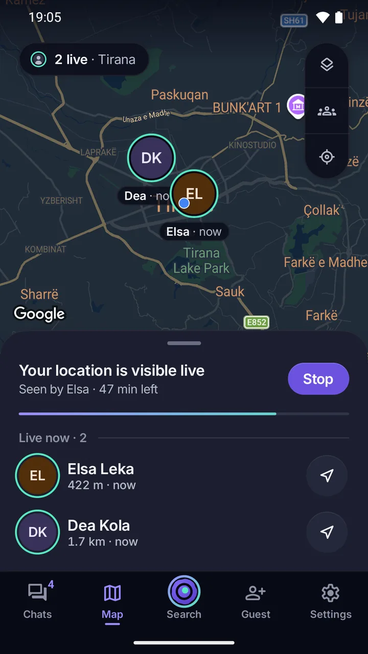 Map: two people live in Tirana, Elsa and Dea; below, “Your location is visible live” with a Stop button.