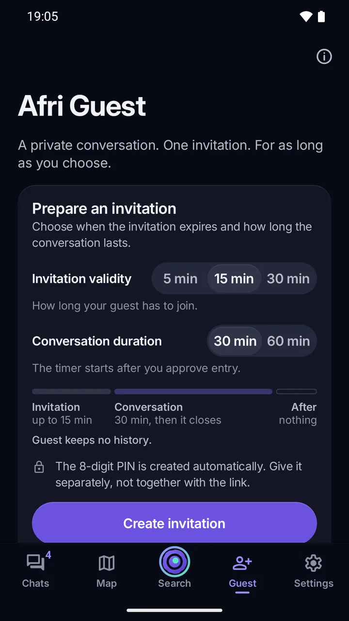 Afri Guest: preparing the entry with invitation validity, conversation duration, the 8-digit PIN and the Create invitation button.