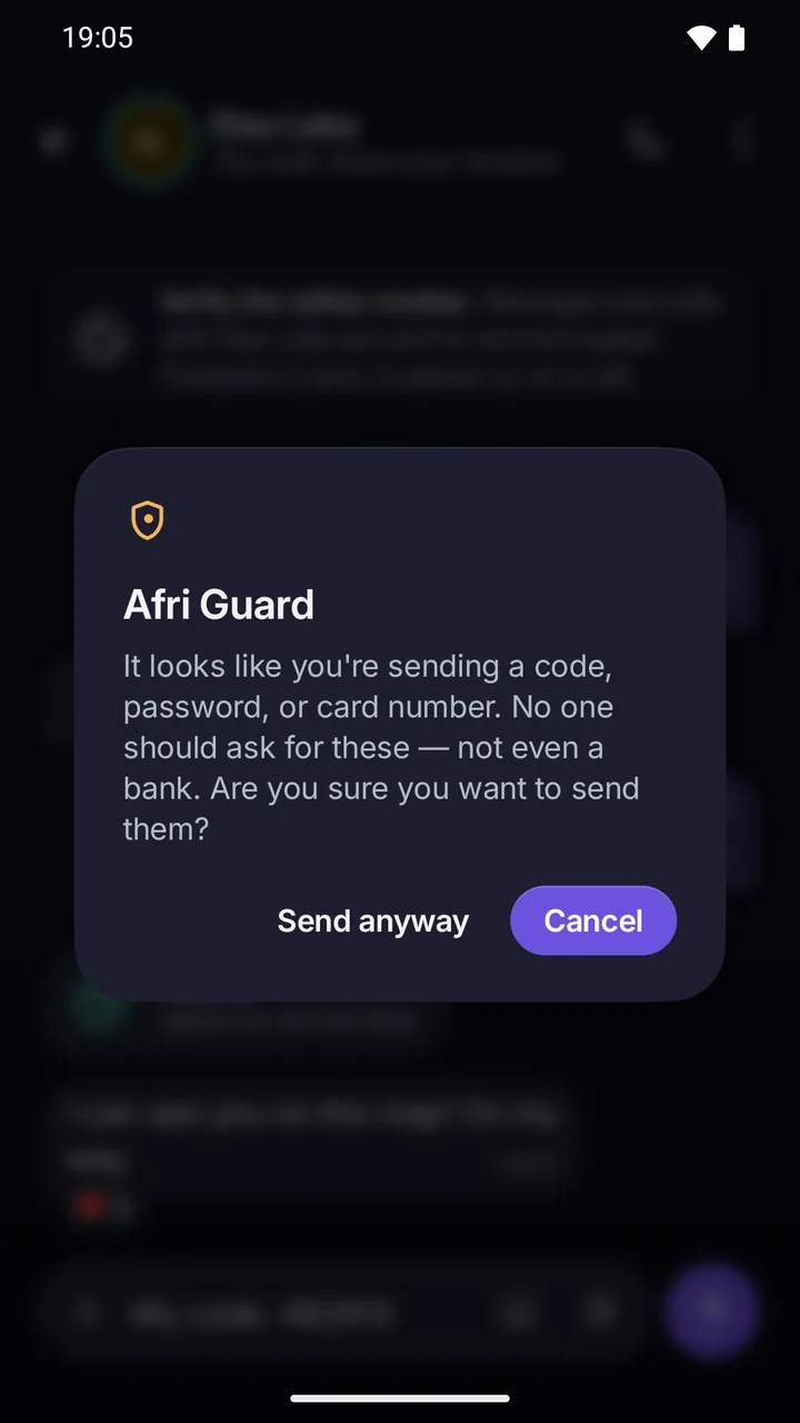 Afri Guard before sending: it looks like you are sending a code, password or card number; Send anyway or Cancel.