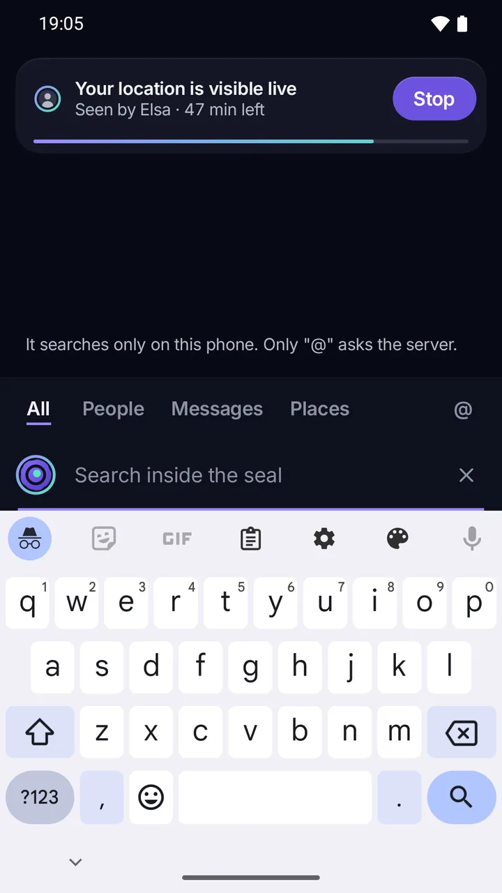 Search inside the seal: it searches only on this phone, and only “@” asks the server.
