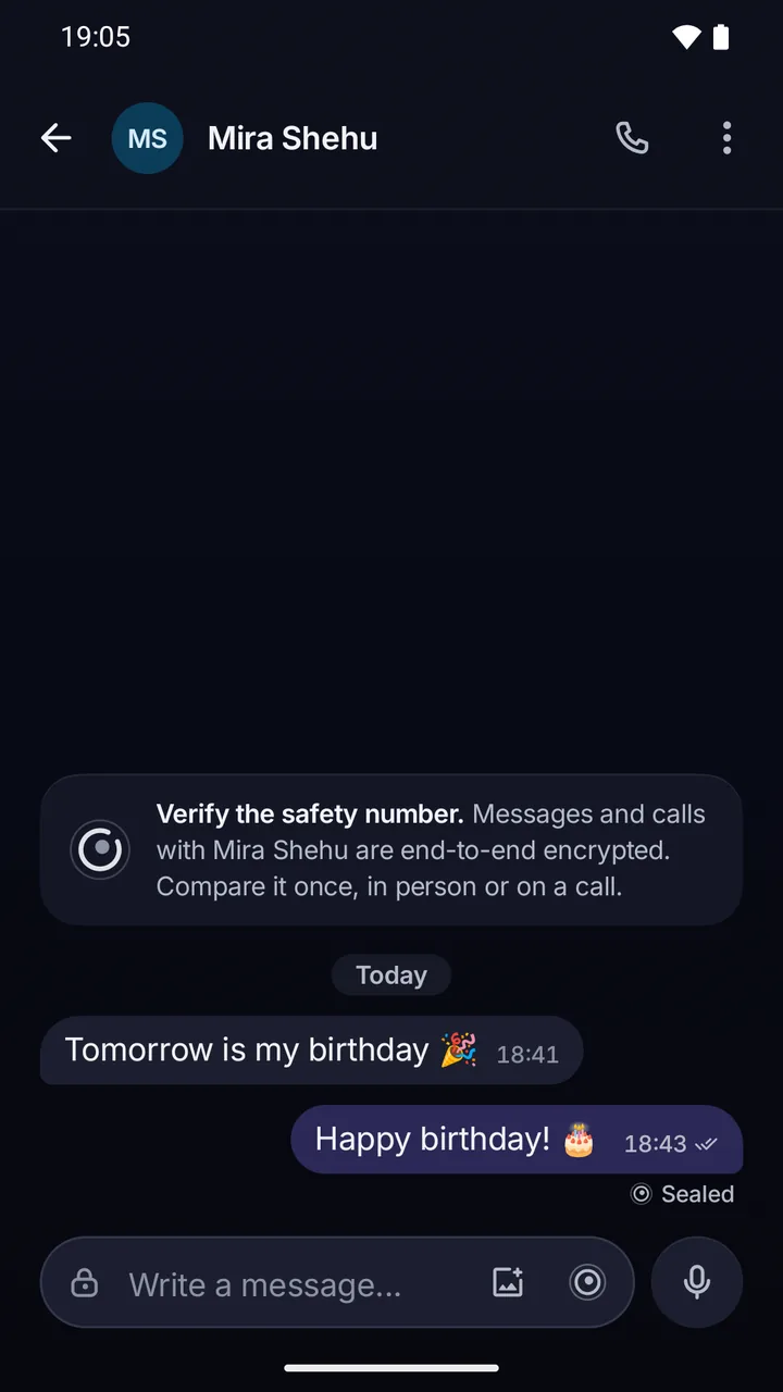 Chat with Mira Shehu: a birthday greeting sent with a time seal, marked “Sealed”.