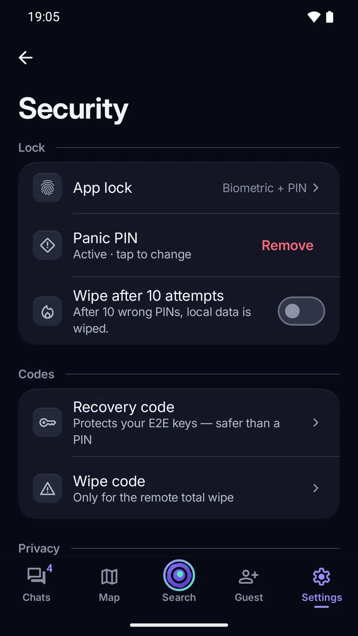 Settings › Security: App lock with Biometric + PIN, Panic PIN active, Wipe after 10 attempts, Recovery code and Wipe code.