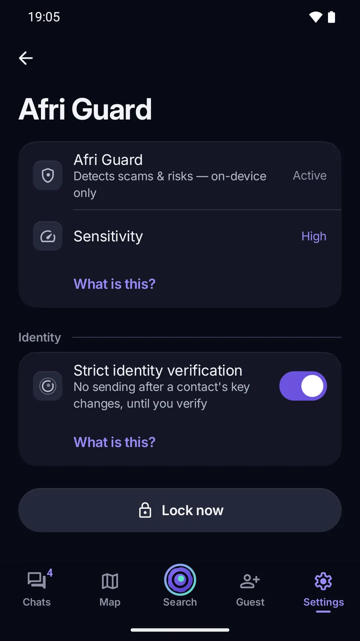 Settings › Afri Guard: Strict identity verification on, no sending after a contact’s key changes until you verify.