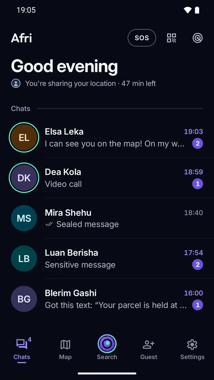 Chat list: previews read “Sensitive message” and “Sealed message” instead of the text.
