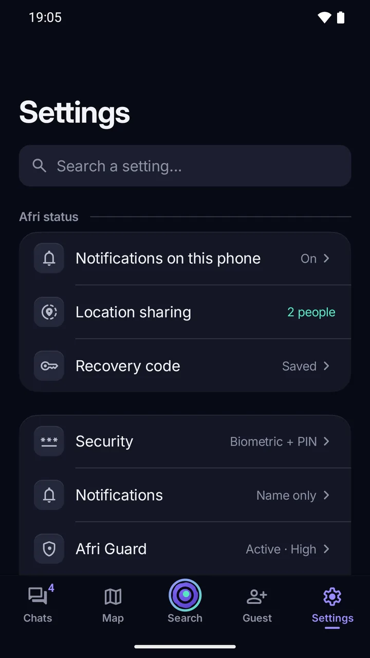 Settings: Afri’s status (notifications, location sharing, recovery code) and the Security, Notifications and Afri Guard categories.