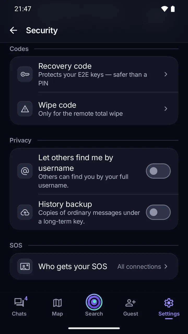 Settings › Security: Recovery code and Wipe code; “Let others find me by username” and History backup, both off; Who gets your SOS.