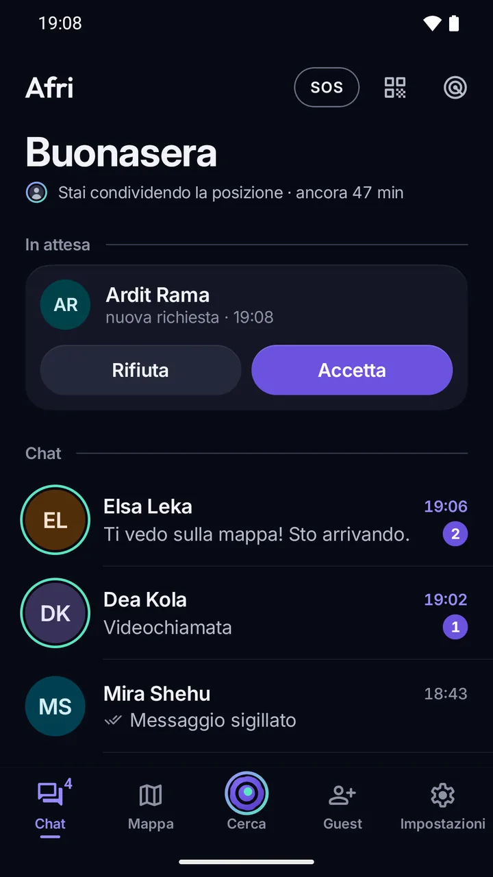 Home di Afri: una nuova richiesta in attesa con Rifiuta e Accetta, e chat con anteprime «Messaggio sigillato» e «Videochiamata».