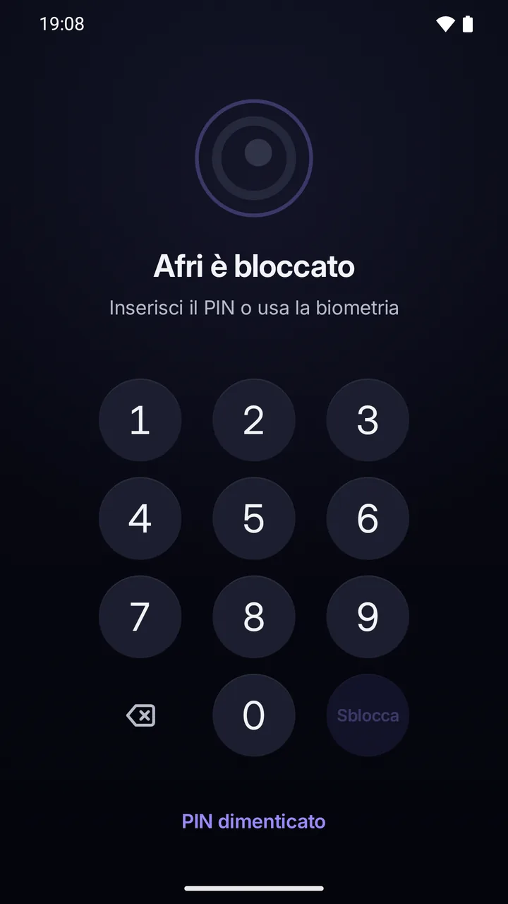 Schermata di blocco: «Afri è bloccato», il tastierino del PIN e «PIN dimenticato».