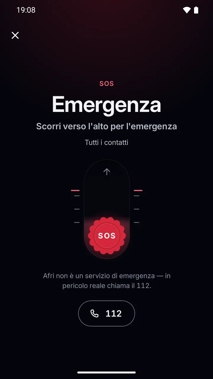 Schermata SOS: «Emergenza, scorri verso l’alto» per tutti i contatti, la nota che Afri non è un servizio di emergenza e il pulsante 112.