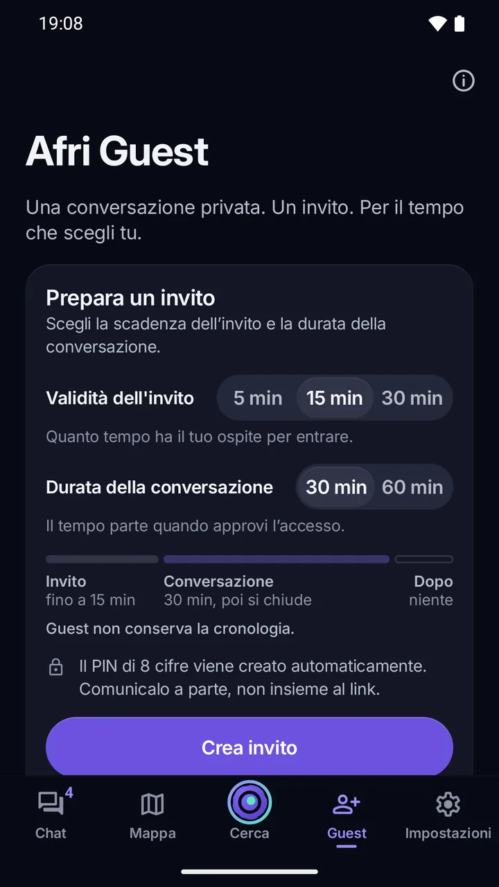 Afri Guest: preparazione dell’accesso con validità dell’invito, durata della conversazione, PIN di 8 cifre e pulsante Crea invito.