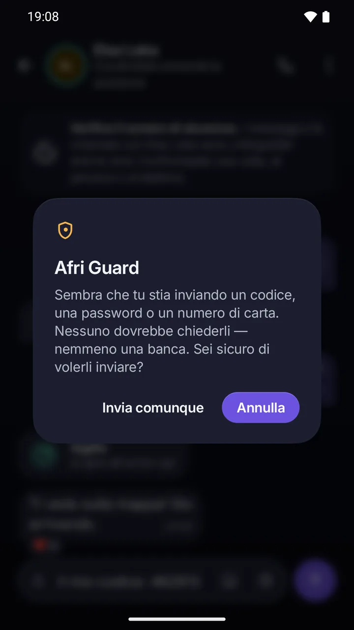Afri Guard prima dell’invio: sembra che tu stia inviando un codice, una password o un numero di carta; invia comunque o annulla.