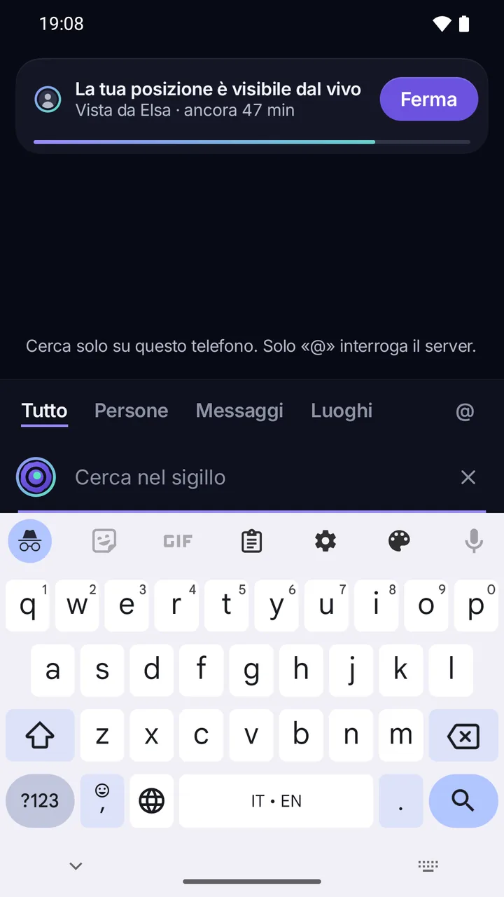 Ricerca dentro il sigillo: cerca solo su questo telefono, solo «@» interroga il server.