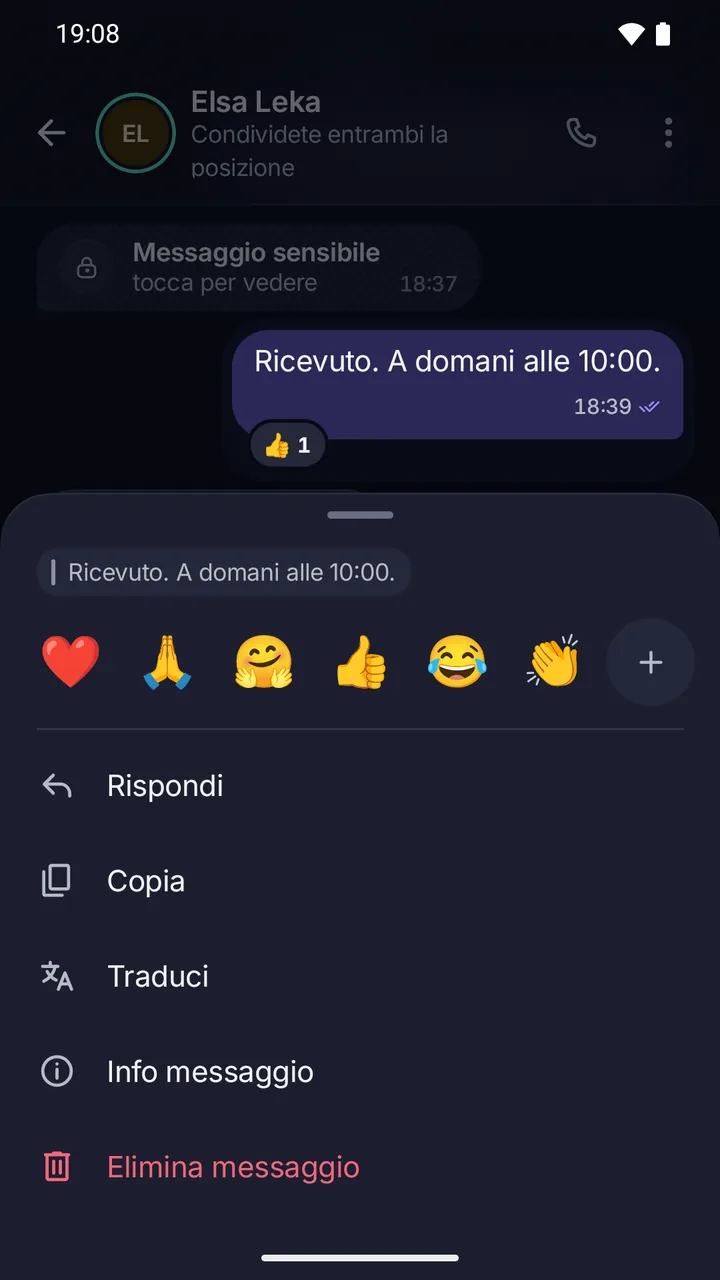 Il pannello delle azioni di Afri: le reazioni nella prima riga, poi Rispondi, Copia, Traduci, Info messaggio ed Elimina messaggio.