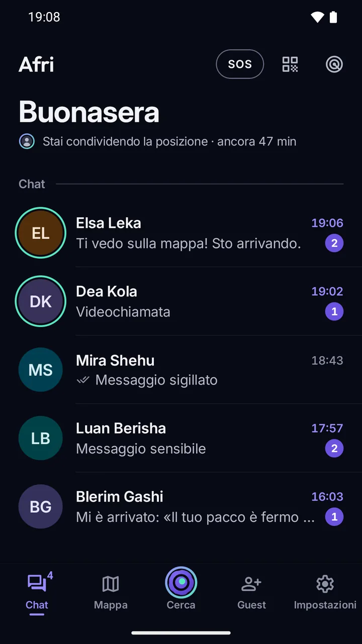 Elenco delle chat: le anteprime dicono «Messaggio sensibile» e «Messaggio sigillato» al posto del testo.