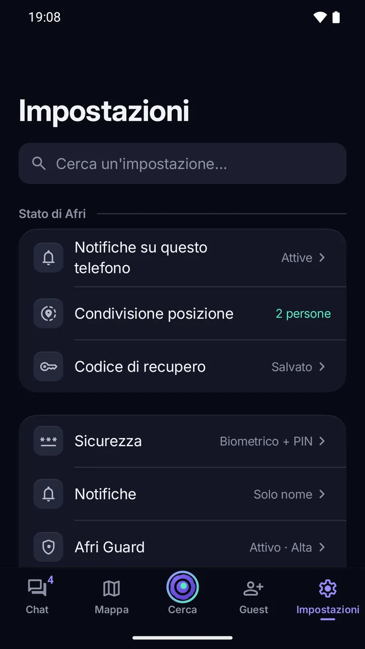 Impostazioni: lo stato di Afri (notifiche, condivisione della posizione, codice di recupero) e le categorie Sicurezza, Notifiche e Afri Guard.