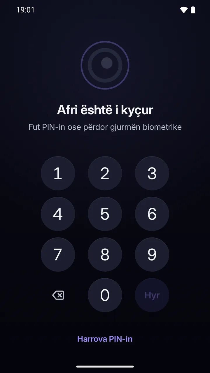 Ekrani i kyçjes: “Afri është i kyçur”, tastiera e PIN-it dhe “Harrova PIN-in”.