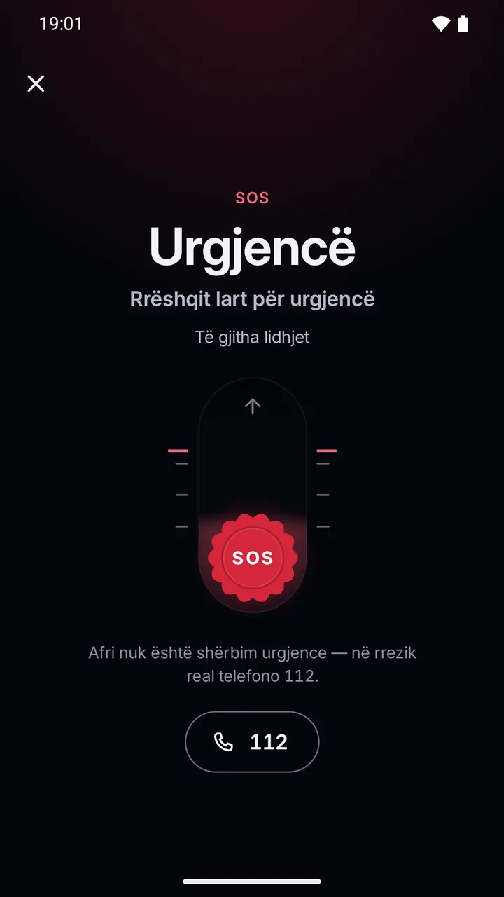 Ekrani SOS: “Urgjencë, rrëshqit lart për urgjencë” për të gjitha lidhjet, shënimi që Afri nuk është shërbim urgjence dhe butoni 112.