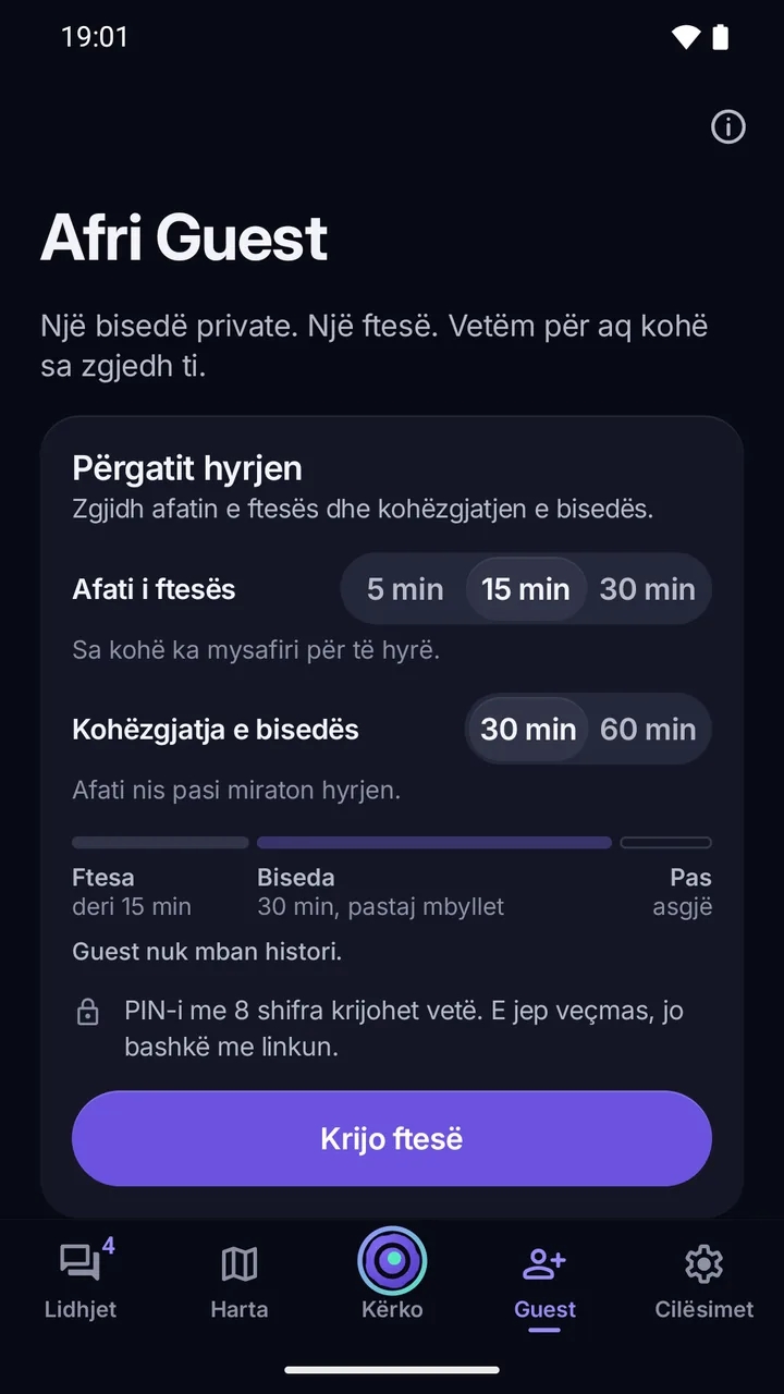 Afri Guest: përgatitja e hyrjes me afatin e ftesës, kohëzgjatjen e bisedës, PIN-in me 8 shifra dhe butonin Krijo ftesë.