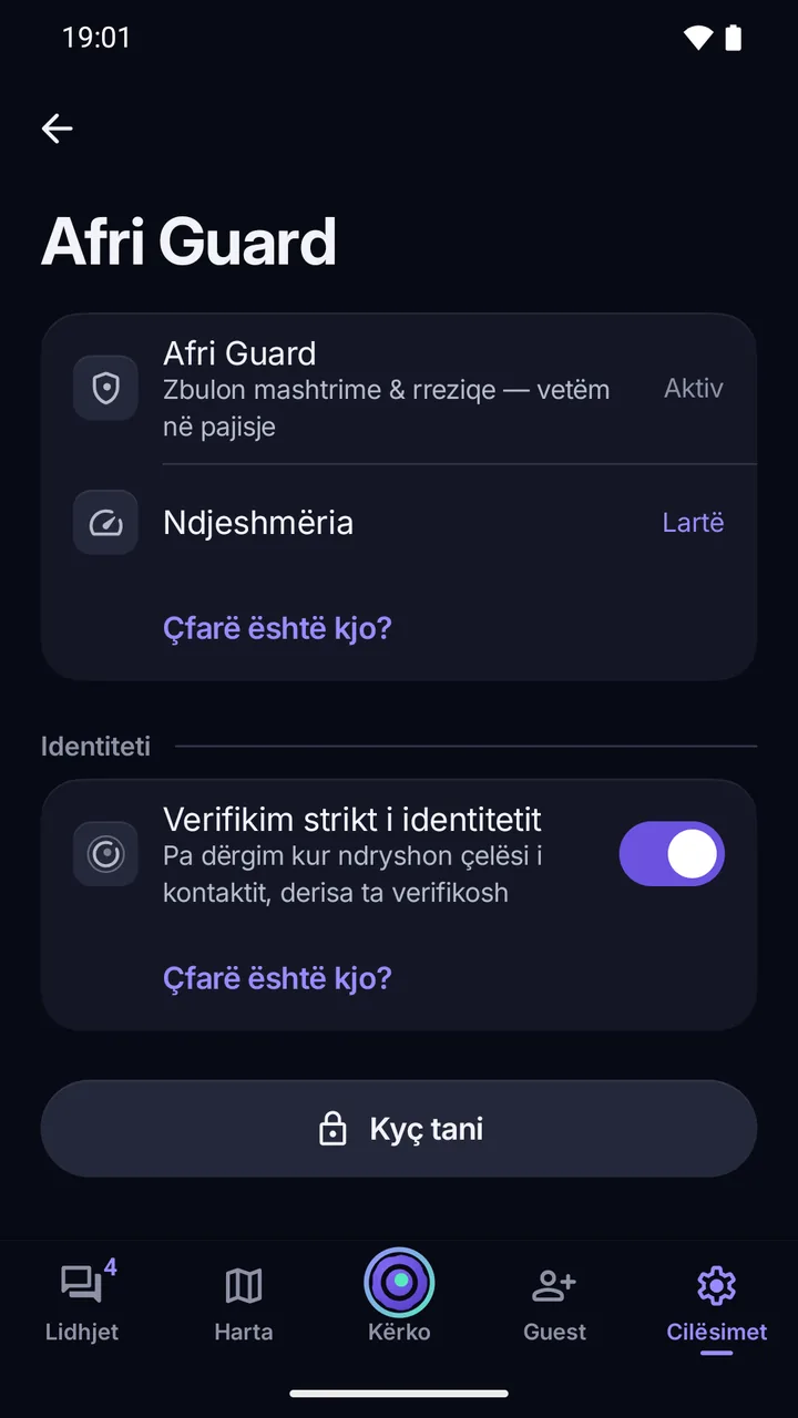 Cilësimet › Afri Guard: Verifikim strikt i identitetit i ndezur, pa dërgim kur ndryshon çelësi i kontaktit derisa ta verifikosh.