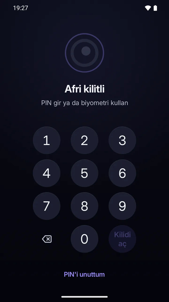Kilit ekranı: “Afri kilitli”, PIN tuş takımı ve “PIN’i unuttum”.