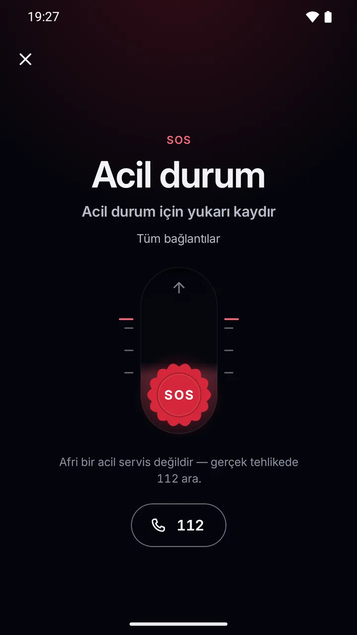SOS ekranı: tüm bağlantılar için “Acil durum, yukarı kaydır”, Afri’nin acil durum hizmeti olmadığı notu ve 112 düğmesi.