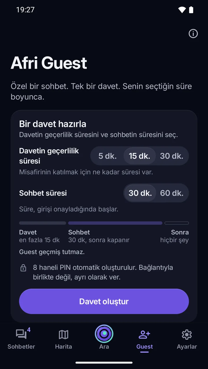 Afri Guest: davetin geçerlilik süresi, sohbet süresi, 8 haneli PIN ve Davet oluştur düğmesiyle girişin hazırlanması.