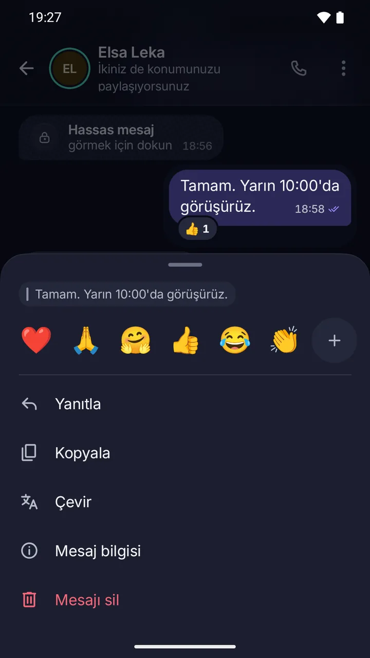 Afri’nin eylem sayfası: ilk satırda tepkiler, ardından Yanıtla, Kopyala, Çevir, Mesaj bilgisi ve Mesajı sil.