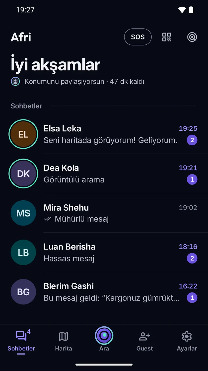 Sohbet listesi: önizlemeler metin yerine “Hassas mesaj” ve “Mühürlü mesaj” yazıyor.
